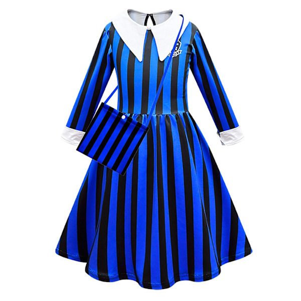 Flickor Wednesday Addams Skoluniform Cosplay Klänning Set Halloween Kostym（160cm Med väska）