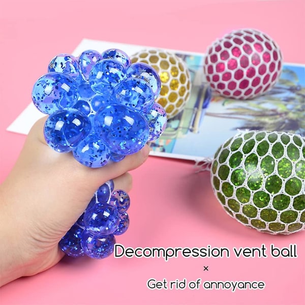 Klämboll med nät, förpackning om 4 Squishy Mesh -boll, Klämboll i nät, Glitter, Stressboll Fidget Toy, Antistressleksak