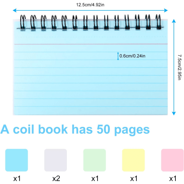 Viivoitettu muistikortti, 300 hakemistokorttia, 5 väriä spiraalinauhoitettu muistikirja