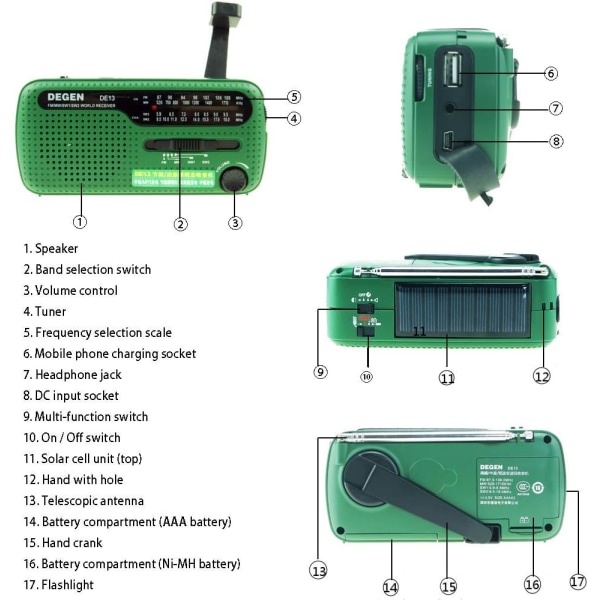 DE13 vinklad FM AM SW solcellsmottagare med starkt ljus ficklampa/SOS-larm/uppladdningsbar mobiltelefon för nöd- och utomhusaktiviteter (grön)