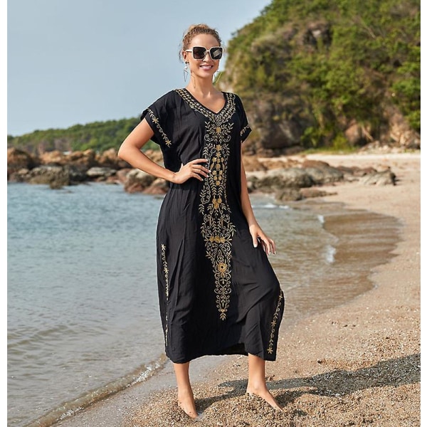 Strandbluse til kvinder Broderet strandkjole Lang kjole tildækningskjole Sundresses Sort
