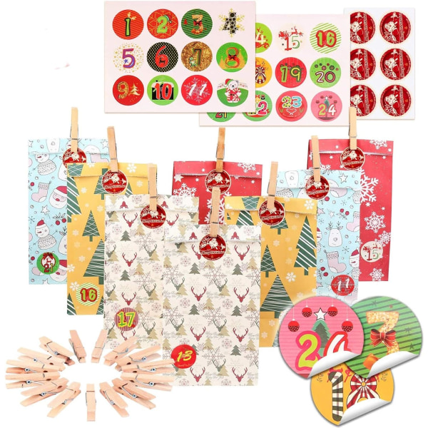 24 stk Adventskalender, 24 stk Papirpose, Fargerik Gavepose
