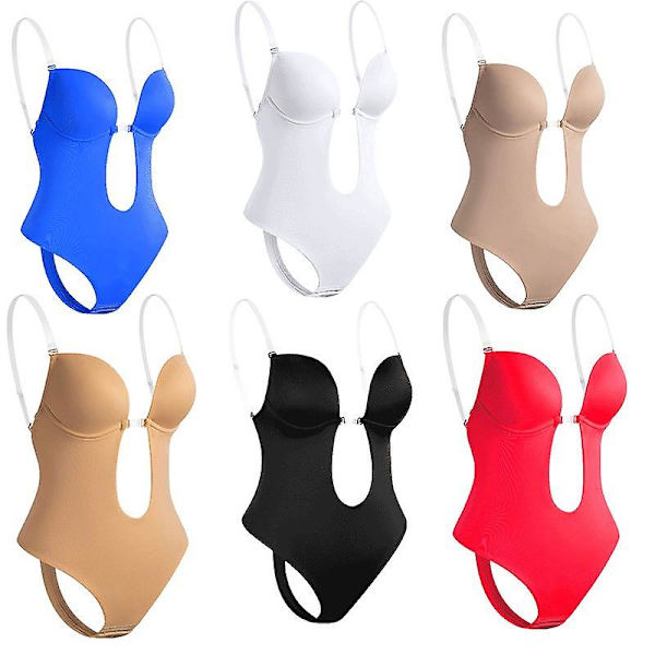 Kvinnor djup V-ringad body shaper rygglös bh body shapewear U djup sömlös string full bodydräkter blå (M)