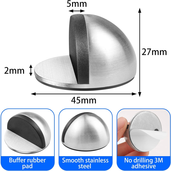 1 sæt med 6 (sølv) dørstop, rustfrit stål klæbende dørstop