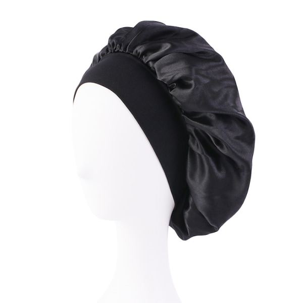 Bonnet de nuit à large bord en satin de couleur unie (noir), capu