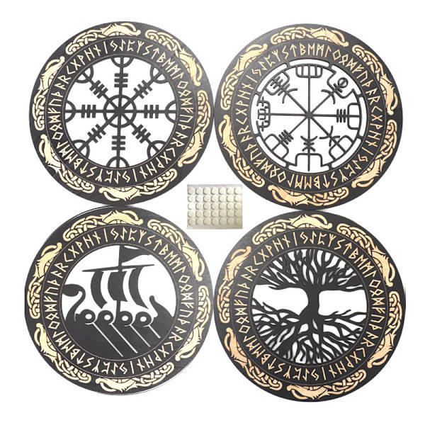 Set med 4 träväggdekorationer med vikingmotiv - Livets träd - Nordisk väggdekoration