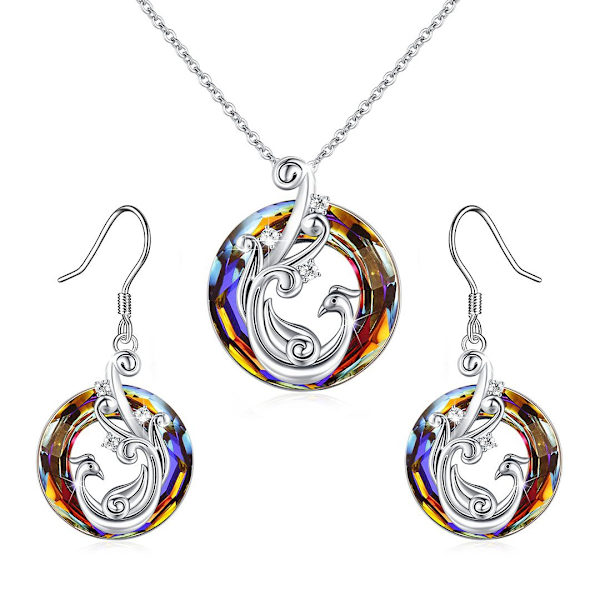 20MM Farverig Krystal Phoenix Genfødsel Flamme Uendelighed Krystal Kobber Øreringe Halskæde