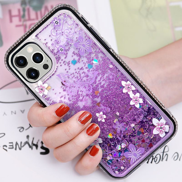 Iphone Glitter Flydende Etui Sød Sommerfugl Bling Rhinestone Diamant Side Bumper Flyttende Kviksand Sjovt Vandfald Flydende Sparkle Cover Luksus Til Kvinder