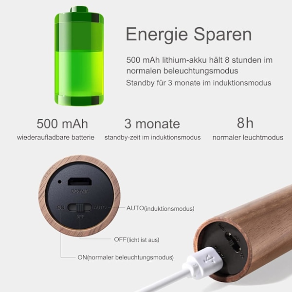 Seinälle kiinnitettävä puinen LED-yövalo, paristokäyttöinen kannettava seinävalaisin