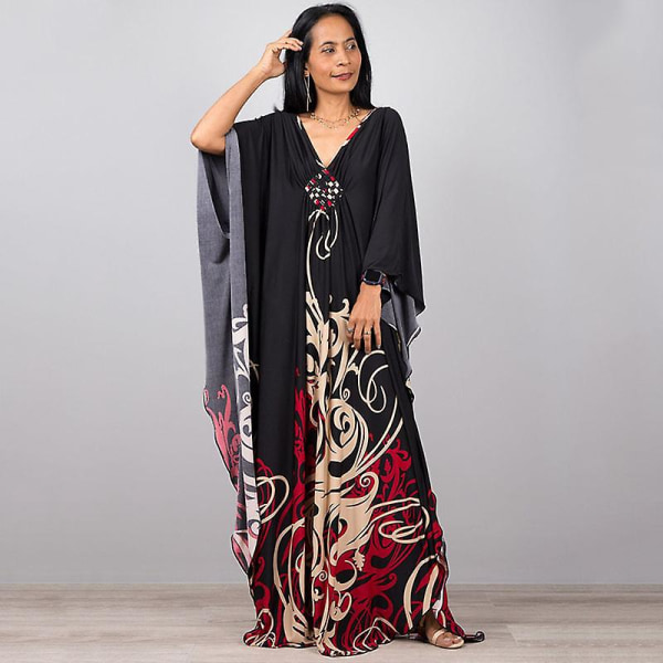 Kvinners trykte maxi-kjole flaggermus ermet strandkjole plus size sommerkjole strandklær kaftan cover-ups Dn0510