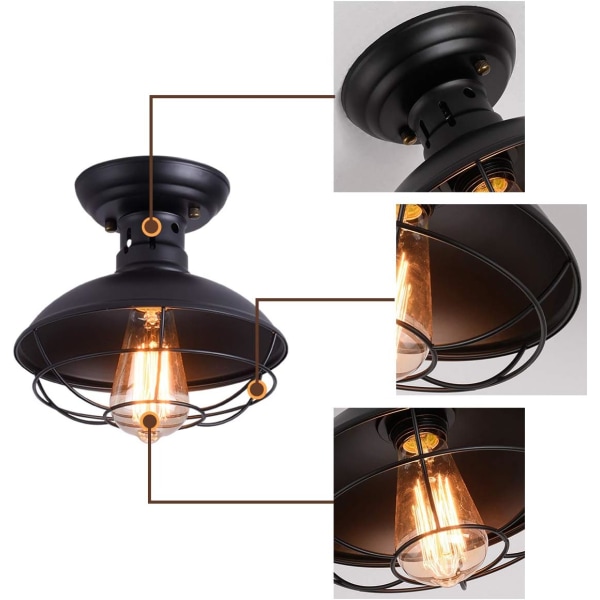 Svart rustikk taklampe, E27 montert mini semi-flush montering P