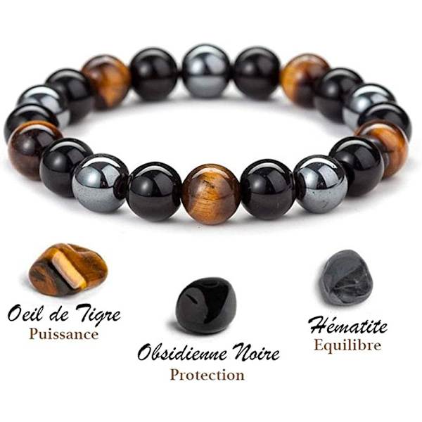 2 st ARMBAND TRIPELT SKYDD NATURSTENAR | Stretcharmband | Tigeröga - Svart obsidian - Hematit (8mm+10mm)