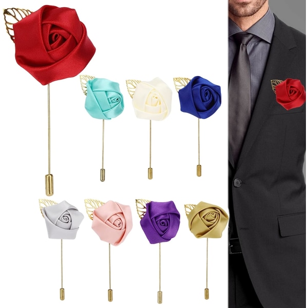 8-delad herr lapel pins, handgjorda satin blommiga lapel pin badges