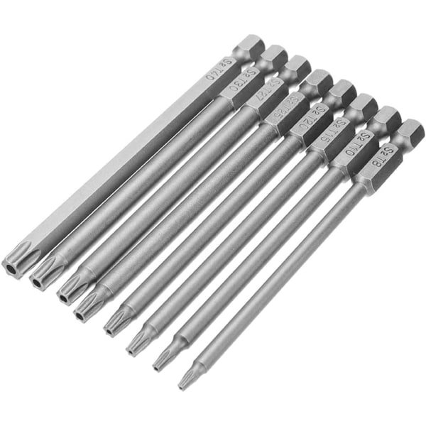 8 stk 100 mm 6,35 mm (1/4) sekskant skaft T8-T40 S2 stål sikkerhetsmagnetisk