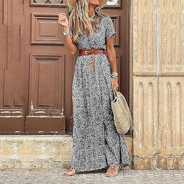 Naisten kesämekko Bohemian Chic Vintage V-kaula lyhyillä hihoilla L