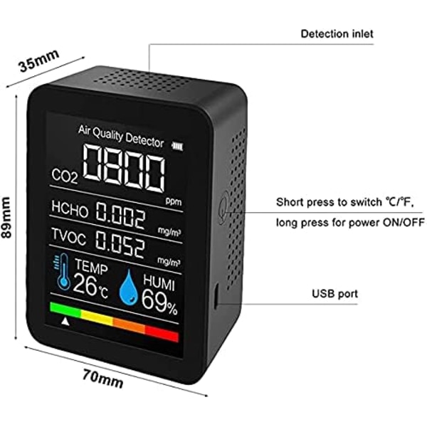 Bærbar luftkvalitetsdetektor CO2-måling Digitalt temperaturmåler Fuktighetstester Karbondioksiddetektor TVOC Formaldeide HCHO (Svart)