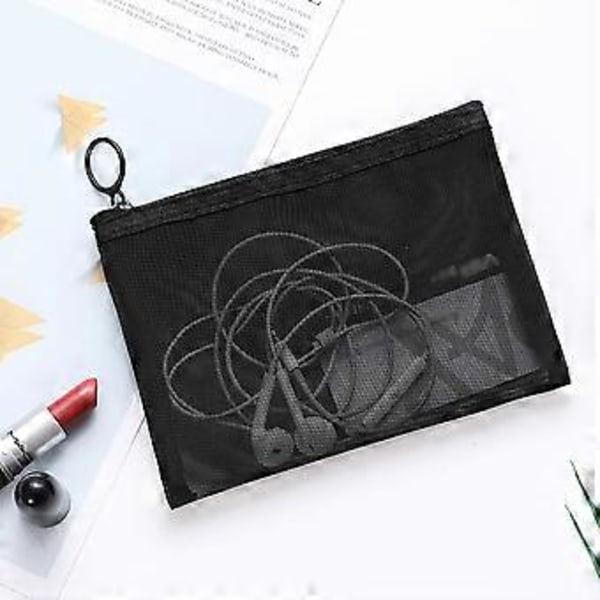 4 stk. Sorte Mesh Makeup Kosmetiktasker Net Lynlås Toiletartikler Tasker Klar Eksamen Blyant