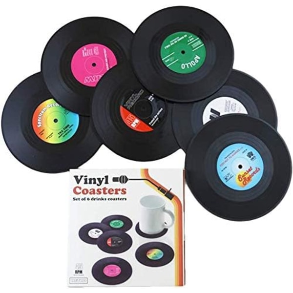 Sæt med 6 retro-glasunderlag til CD'er, sort, under glas, underlag, coas