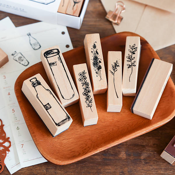 7 stk. trestempel i gummi, trestempelsett, vintage-stempel i Natu