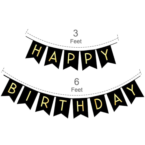Musta Happy Birthday -banneri, jossa mustakultaiset paperiliput, paperilippusiima, paperikiekurat ja pompomit syntymäpäiväjuhlien koristeluun
