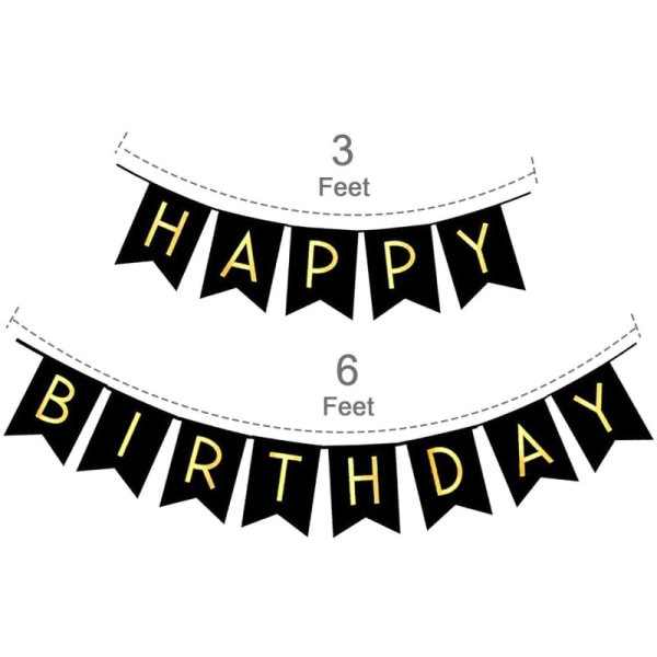 Sort Happy Birthday Banner med Sort Guld Papir Flag Bunting Papir Swirl Streamers Pom Poms til Fødselsdagsfest Dekorationer