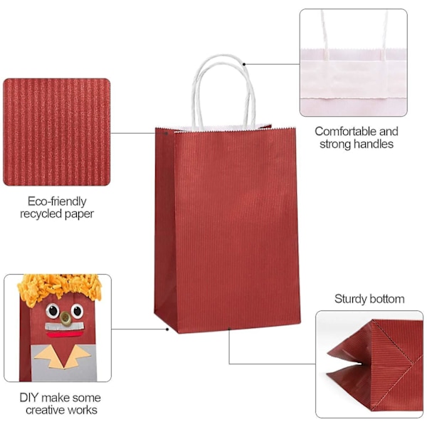 50 stk. Kraft gaveposer, 13,3 x 9,5 x 20,3 cm, brune indkøbsposer af papir med snoede håndtag til festartikler (rød)
