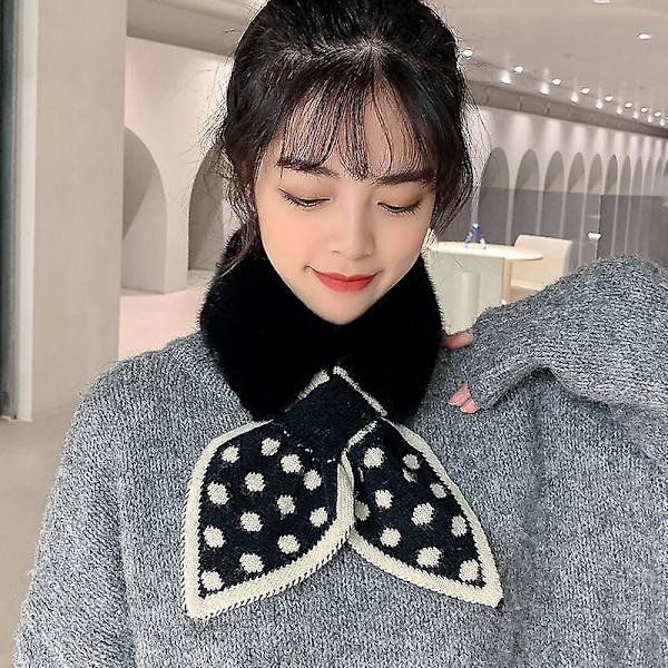 Mjuk Vinter Varm Tjock Plysch Halsduk Halsvärmare Polka Dot Cross Scarves För Kvinnor (Svart)