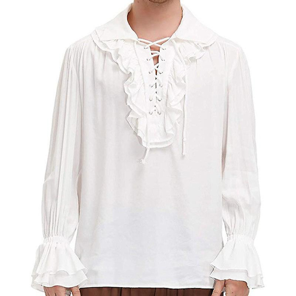 Piratskjorte for menn Renessanse Medieval Cosplay T-skjorte Western Men's Tourist Pirate Costume（L Hvit）