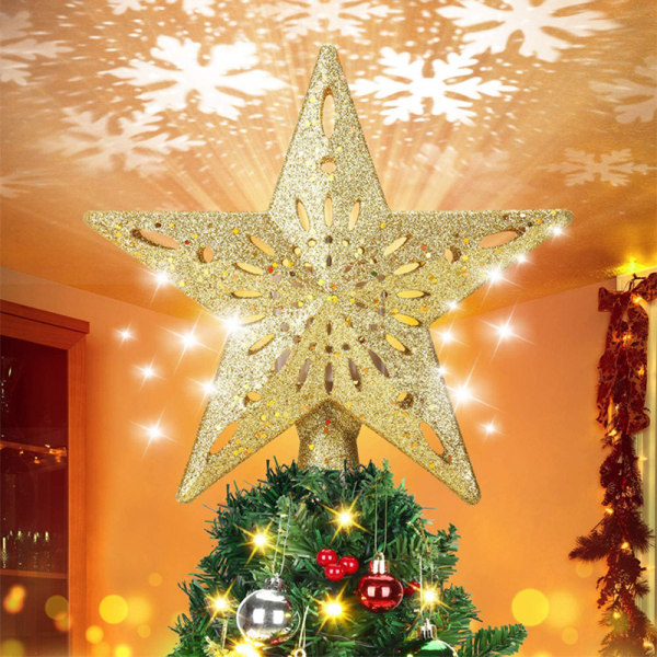 (Gyllene) Upplysta julgranstoppare med LED Roterande Snowflake Project