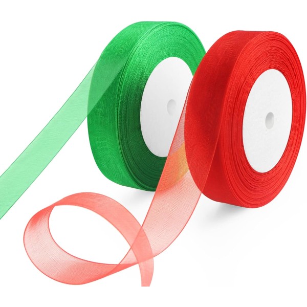 2 rullaa joulunauhaa, punainen ja vihreä organza-nauha, 20 mm x