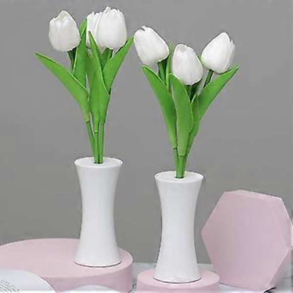 2 Pakke Stilfuld Tulipan Blomst Bordlampe, 3 Stængler Hvid Tulipan LED Natlampe, Simuleret Pottet Natlampe Fødselsdag Ferie Fest Bryllup Værelse Dekoration