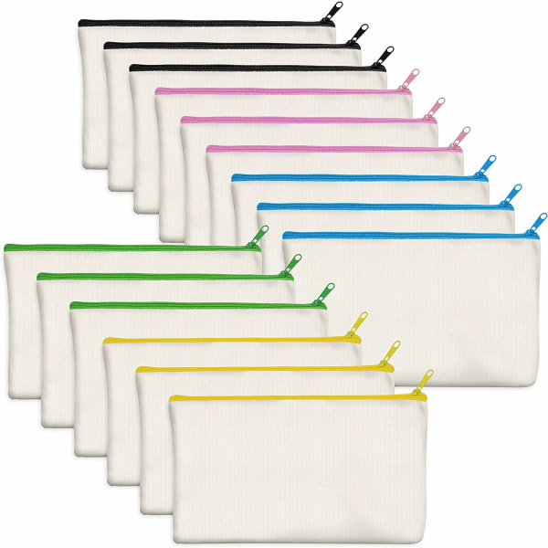 Paket med 15 tomma bomullspåsar Craft Zipper-påsar Sminkväska för stationär förvaring av kosmetika (beige, färgdragkedja, 21 x 12 cm)