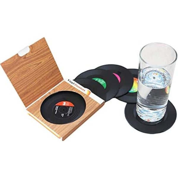 Sæt med 6 retro-glasunderlag til CD'er, sort, under glas, underlag, coas