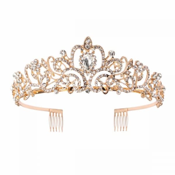 Gull krystallkrone, elegant krone, brud, prinsessekrone