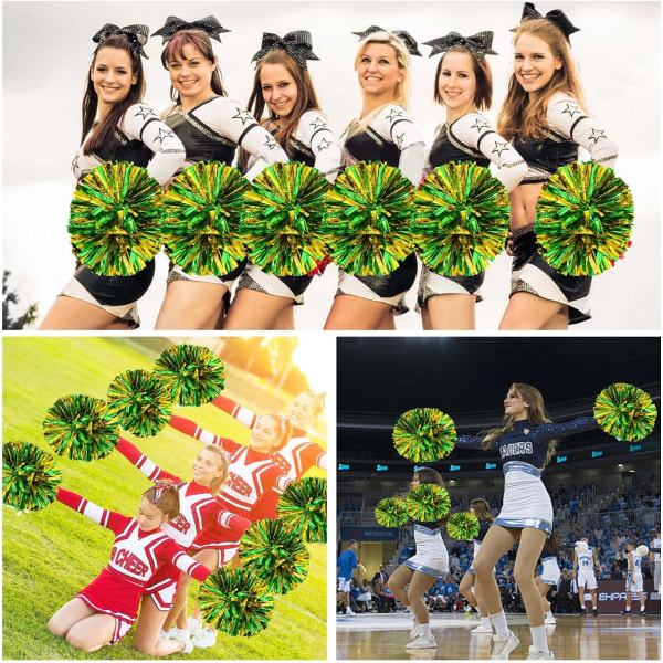 Vihreät ja kultaiset cheerleader-pompomit, 2 kappaletta metalliset cheerleader-pompomit