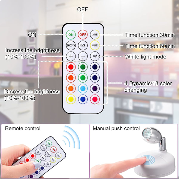 2 st RGB trådlösa LED-strålkastare med fjärrkontroll, 13 färger Spotlig