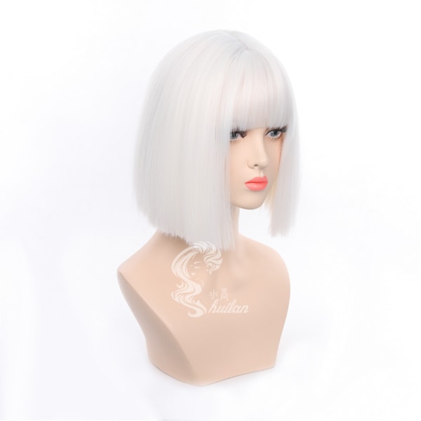 JK Pure White Wave Head Full Cap Short Straight Hair Women Wig