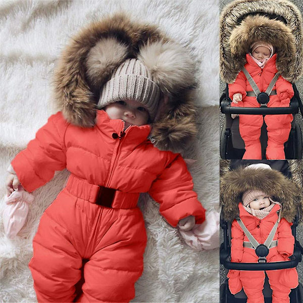 Unisex Baby Hooded Jumpsuit för 0-24 månader Pojkar Flickor Jumpsuit Romper med pälskrage（60cm）