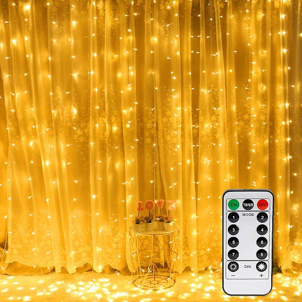 3m x 3m LED-lysgardin, 300 LED, USB, vanntett, 8 moduser, hvitt lys (varm hvit)