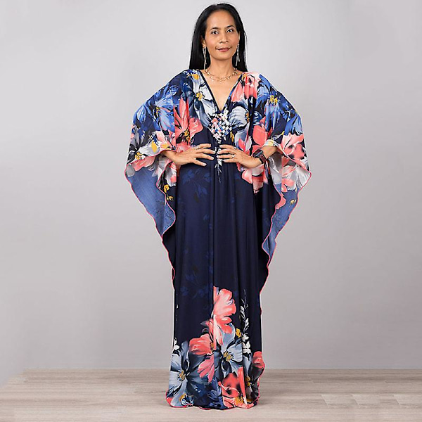 Kvinnors tryckta maxiklänning fladdermusärm strandklänning plus size solklänning strandkläder kaftan överdrag Dn0505