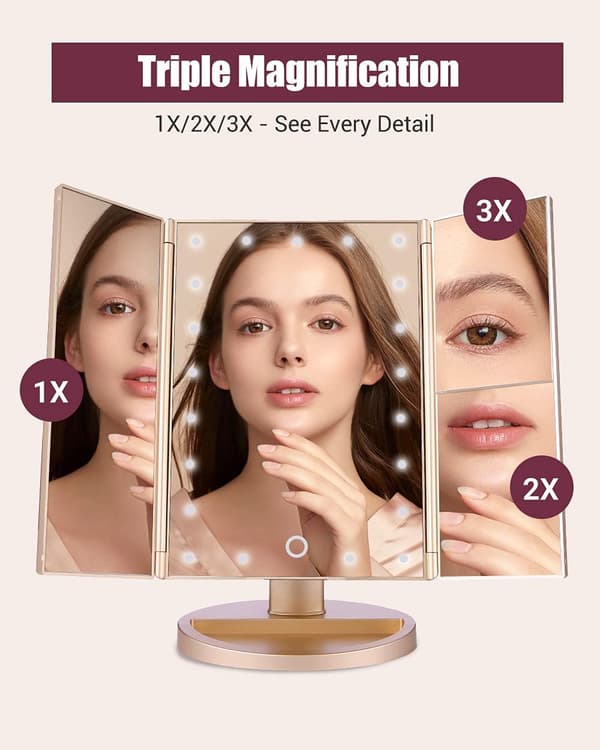 Lighted Vanity Mirror Touch Trifold Lighting 2x3x Magnification w