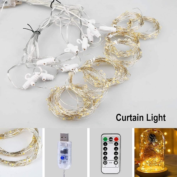 3m x 3m LED-lysgardin, 300 LED, USB, vanntett, 8 moduser, hvitt lys (varm hvit)