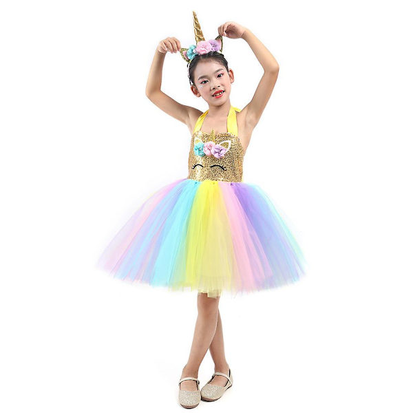 Kultapaljetti Yksisarvinen Cosplay Tyttöjen Tutu-mekko Syntymäpäivä Halloween（S(1-2T)）