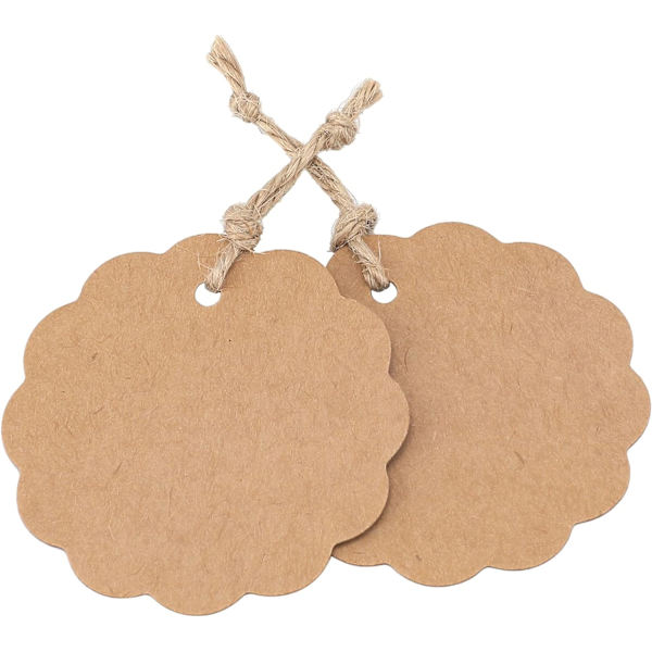 6 cm:n pyöreä kraft-paperilappu, 100 kpl lahjatunnistetta 20 m:n juuttinarulla,