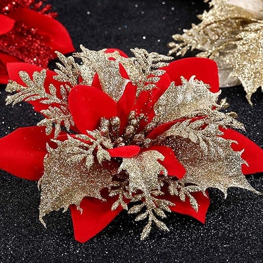 24 stk Glitter Julstjerne Blomster Kunstige Julestjerner