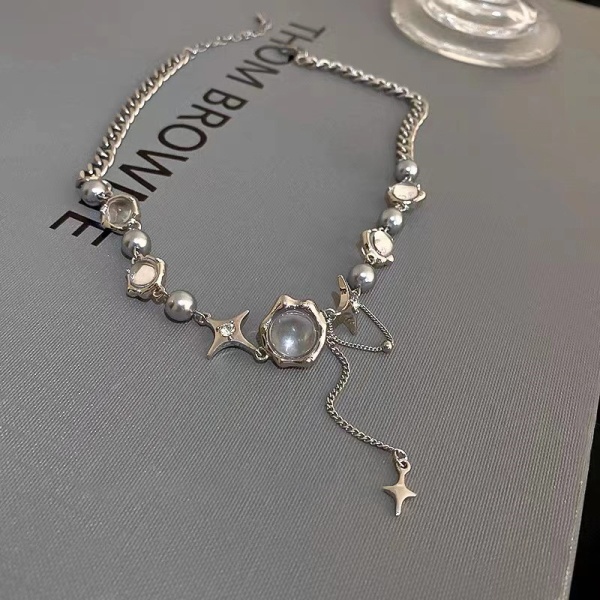 Stjärnformad hakskedja för kvinnor, trendig pärlhalsband hiphop-design söt känsla cool nyckelbenkedja