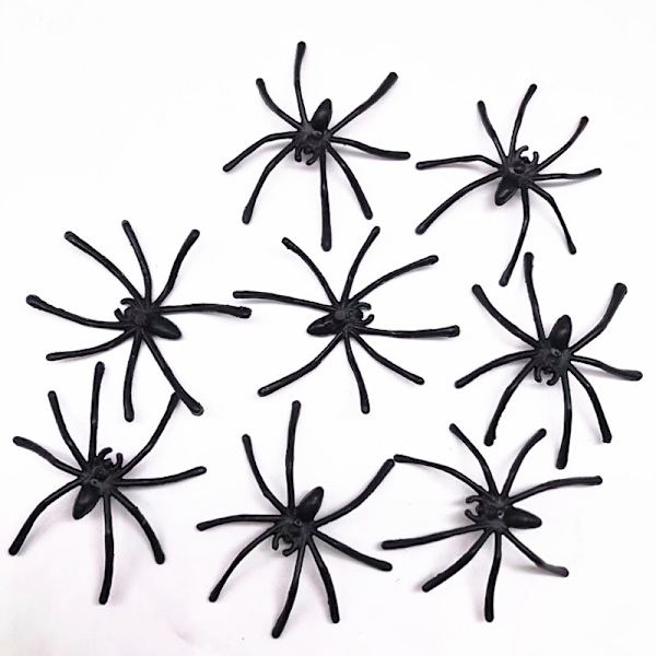 Sorte plastik edderkopper, 100 stk. Halloween falske edderkopper til Haun
