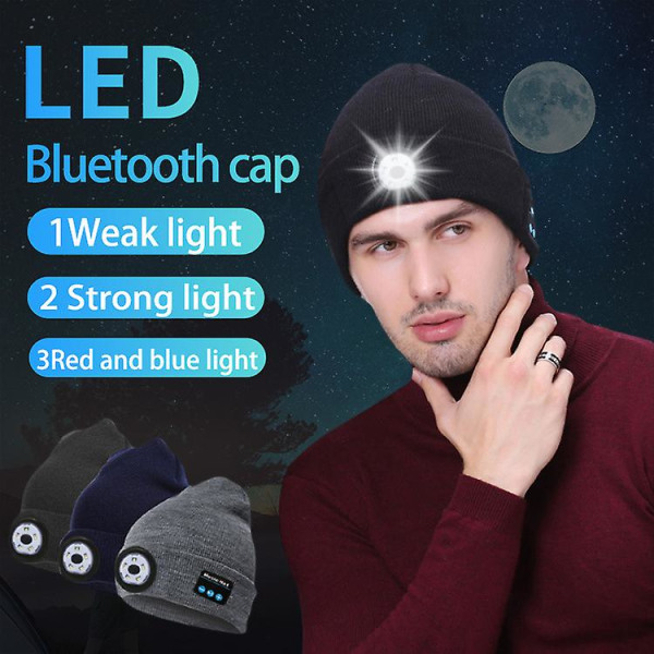 Opgraderet Bluetooth Beanie Hat Led Beanie Hat Bluetooth 5.0 trådløse hovedtelefoner Musikstrik Hatte med stereohøjttaler（blå）