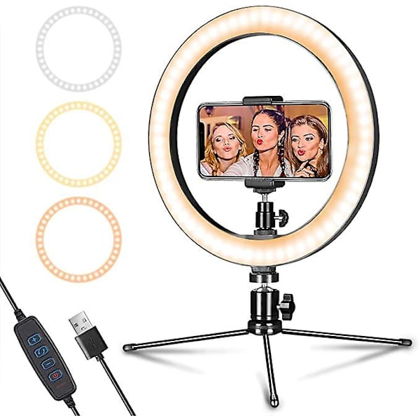 LED-ringlys 10 tommer med stativ og telefonholder for direktestrømming av YouTube-videoer, 3 moduser og 10 lysstyrkenivåer