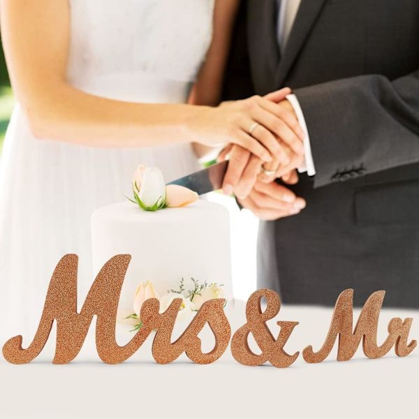 MR & MRS-skylt, guldglitter i trä, bröllopsdekorationer, bröllop